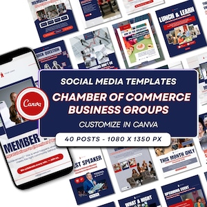 Pode incluir: Um conjunto de modelos de mídia social para grupos de negócios da Câmara de Comércio, personalizáveis no Canva. A imagem mostra 40 posts de 1080 x 1350 px. Um smartphone exibe o logotipo do Canva.