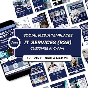 Social Media Templates for Managed IT Services B2B | Blue Canva Customizable Set