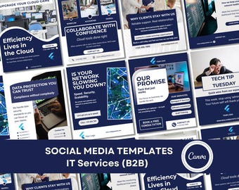 Szablony mediów społecznościowych dla zarządzanych usług informatycznych B2B | Zestaw Blue Canva z możliwością dostosowania