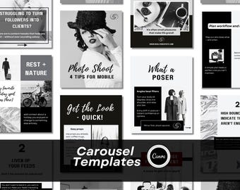 May include: A collection of black and white social media carousel templates featuring various layouts, typography, and photographic elements. The designs include text such as Struggling to turn followers into clients, Photo Shoot, and Carousel Templates.