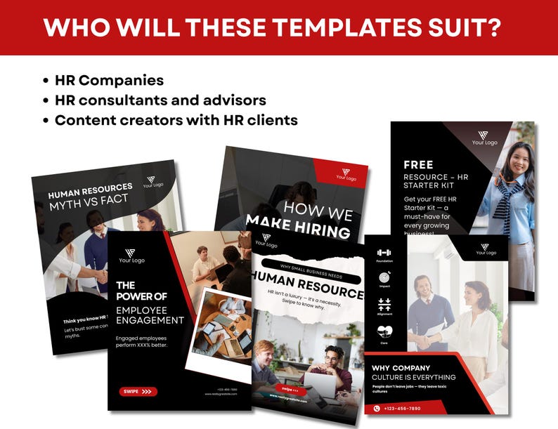Who will these carousel templates suit? They're designed for HR consultants and recruitment companies, and for social media managers who create content for those types of clients.