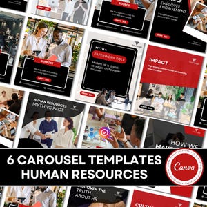 Digital product listing for 6 Canva carousel templates in red and black for HR consultants and recruitment. Canva customizable with a vertical layout. A selection of the carousel slides is displayed in a grid.