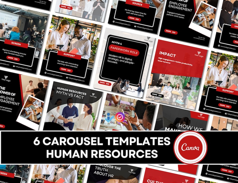 Digital product listing for 6 Canva carousel templates in red and black for HR consultants and recruitment. Canva customizable with a vertical layout. A selection of the carousel slides is displayed in a grid.