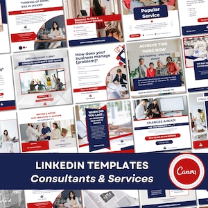 Op de afbeelding: Een verzameling LinkedIn-sjablonen voor consultants en diensten, met een marineblauw en rood kleurenschema. De sjablonen bevatten verschillende lay-outs met tekst en afbeeldingen, die diensten en zakelijke oplossingen promoten. Het Canva-logo is zichtbaar.