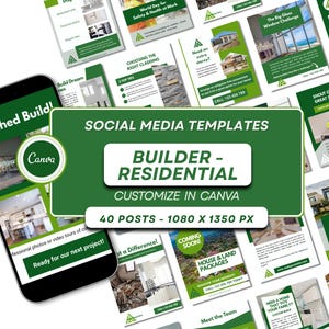 Canva Social Media Templates for Construction (Home Builders) in Green – 40 Posts