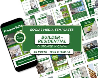 Canva Social Media Templates for Construction (Home Builders) in Green – 40 Posts