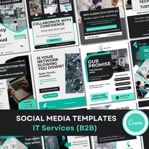 Puede incluir: Un conjunto de plantillas de redes sociales para servicios de TI, con un diseño en negro y turquesa. Las plantillas muestran texto como "Efficiency Lives in the Cloud" y "Data Protection You Can Trust".