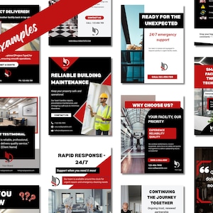 This page displays several more social media post templates from the set for commercial cleaning and facilities management. The template package has a range of post types including: educational, engagement, client success, testimonial, project showcase and promotional posts.