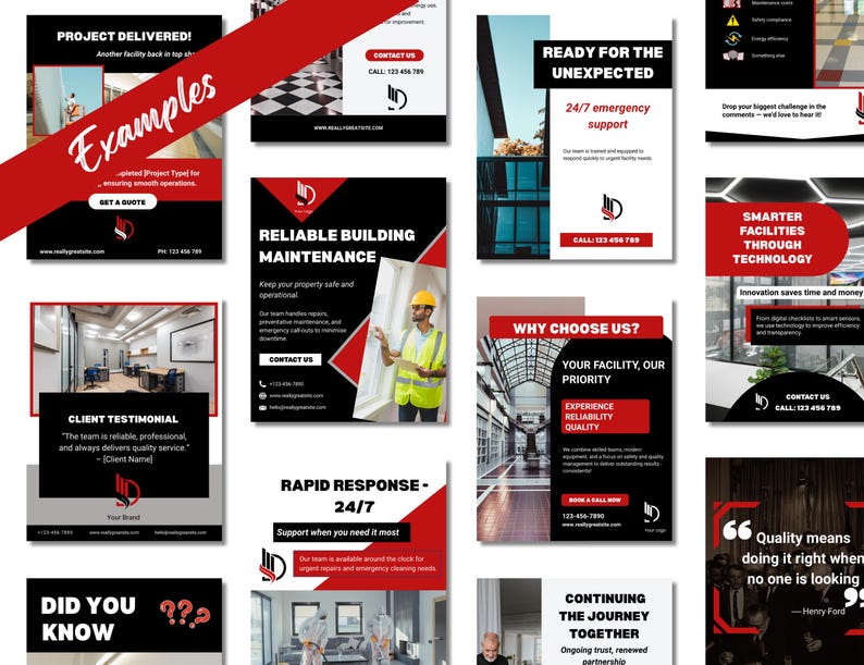 This page displays several more social media post templates from the set for commercial cleaning and facilities management. The template package has a range of post types including: educational, engagement, client success, testimonial, project showcase and promotional posts.