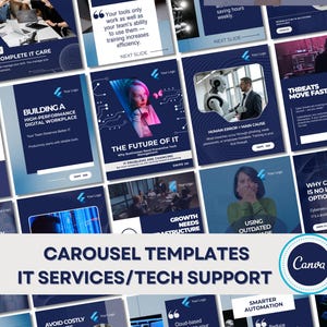Può includere: Una collezione di modelli di carosello blu scuro per servizi IT e supporto tecnico, con testo e grafica bianchi. I modelli includono frasi come "Complete IT Care" e "The Future of IT".