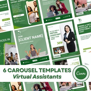 May include: A collection of six green and white carousel templates for virtual assistants. The templates feature text such as "Discover the ROI of a Virtual Assistant" and "Hiring a Virtual Assistant is an Investment, Not a Cost."