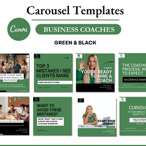 Plantillas de carrusel para coaches de negocios / Verde y negro / LinkedIn e Instagram / Editables en Canva
