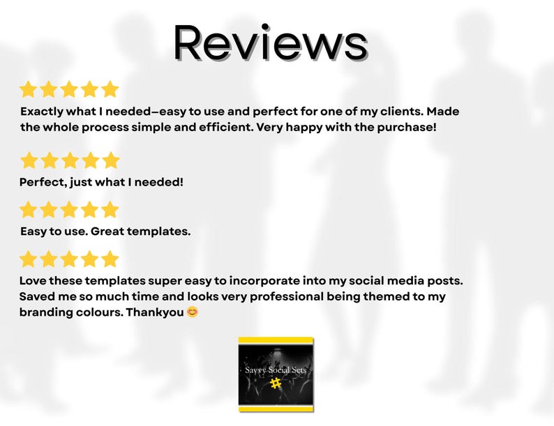 Displays some of the shops 5 star reviews for social media templates.