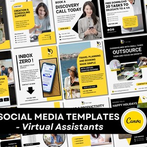May include: A collection of social media templates for virtual assistants featuring a black, white, and yellow color scheme. The designs include various layouts with placeholder text, icons, and imagery of people working in office and travel settings.