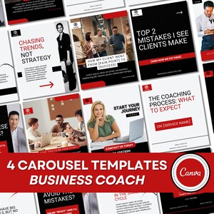 Business Coach Templates: 4 Social Media Carousels in Red and Black (Instant Download)