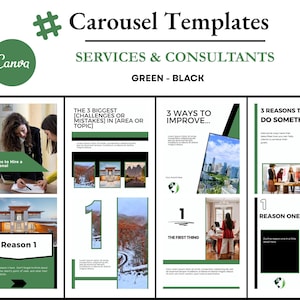 4 plantillas de carrusel verde y negro para LinkedIn e Instagram / Diseñadas para empresas de servicios y consultoras / Diseño vertical