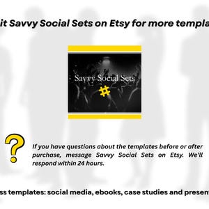 Puede incluir: Gr&aacute;fico con el texto "Visit Savvy Social Sets on Etsy for more templates!" y un signo de interrogaci&oacute;n amarillo. La imagen incluye el texto "Savvy Social Sets" y "#". El texto tambi&eacute;n menciona plantillas comerciales para redes sociales, libros electr&oacute;nicos, estudios de casos y presentaciones.