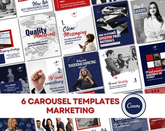 May include: A collection of marketing carousel templates for Canva featuring various layouts with text headings such as Quality Materials, Clear Messaging, and How to Create Effective Print Materials, alongside imagery of people and business concepts.