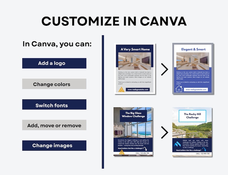 This page is titled 'Customize in Canva to suit your brand. It displays two examples of how posts can be edited, using templates from the set. Two post templates are displayed on the left, and to the rigth are edited versions with various changes, demonstrating that you can change colors, images, text, font, and the position of items on the post template.