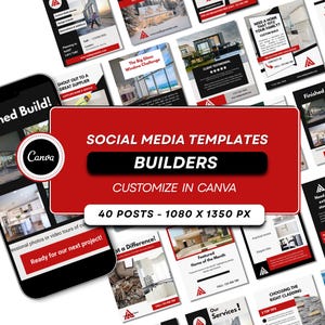 Puede incluir: Una colección de plantillas de redes sociales para constructores, con un diseño rojo y negro. Las plantillas son personalizables en Canva e incluyen 40 publicaciones con una resolución de 1080 x 1350 px. Un smartphone muestra un gráfico "Finished Build!".