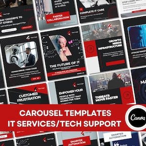 Puede incluir: Una colección de plantillas de carrusel para servicios de TI y soporte técnico, con un esquema de color negro, rojo y blanco. Las plantillas incluyen texto como "Say Goodbye to IT Stress" y "Managed IT Services". El logotipo de Canva también es visible.