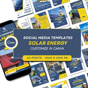 May include: A set of social media templates for solar energy, customisable in Canva. The design includes a smartphone showing a solar panel installation, and various promotional graphics with text such as "affordable solar power".