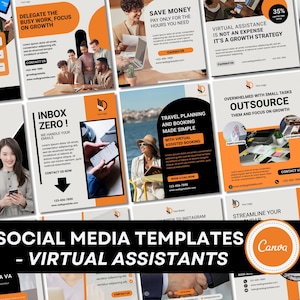 Virtual Assistant Social Media Canva Templates | 40 Posts in Orange, Black & Cream
