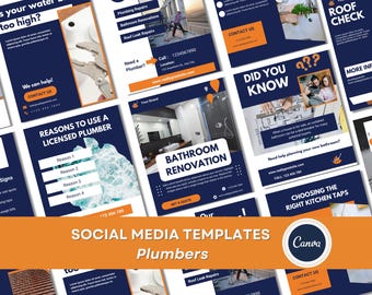 Canva Templates for Plumbers in Dark Blue & Orange - 40 Social Media Posts