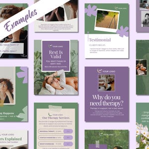 This page displays therapist social media template examples from a set of 40 post templates for therapists and counselors. They have a purple, mauve and green color scheme, a portrait layout, and mental wellness content themes.