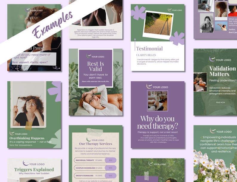 This page displays therapist social media template examples from a set of 40 post templates for therapists and counselors. They have a purple, mauve and green color scheme, a portrait layout, and mental wellness content themes.