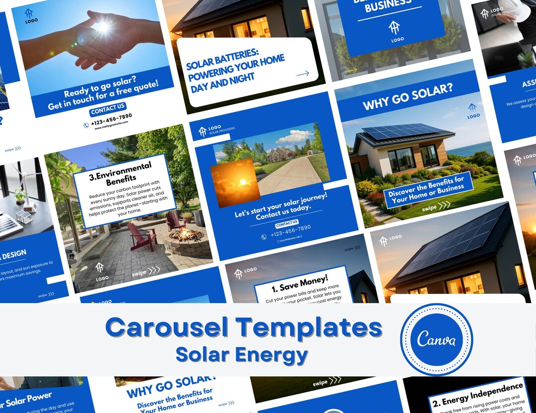 Solar Social Media Posts | Canva Editable Carousel Templates | Blue ...