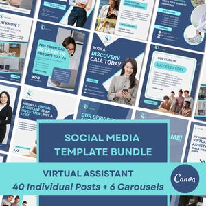 Virtual Assistant Canva Templates | Social Media Bundle | Posts and Carousels in Blue