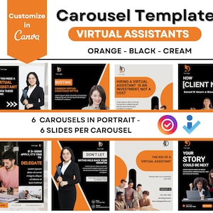 Può includere: Modelli di carosello per assistenti virtuali, con schemi di colori arancione, nero e crema. Il design include sei caroselli verticali con sei diapositive ciascuno. Il testo include "Customize in Canva" e frasi sui servizi di assistente virtuale.