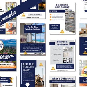 Examples of construction related social media templates. They have a blue and gray color scheme and vertical layout.