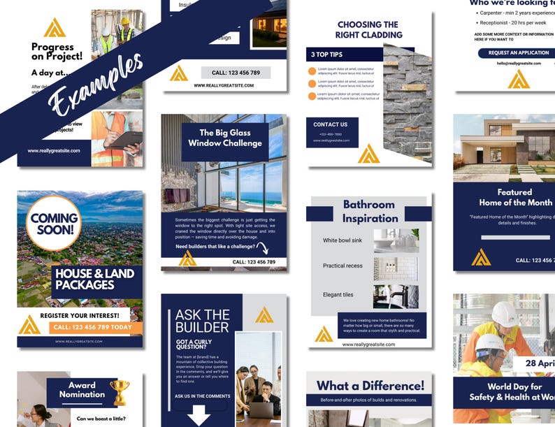 Examples of construction related social media templates. They have a blue and gray color scheme and vertical layout.