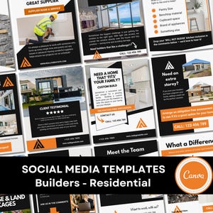 Modelli di social media per costruttori residenziali in nero e arancione (40 post, modificabili con Canva)