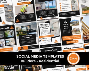 Residential Builder Social Media Templates in Black and Orange (40 posts, Canva editable)