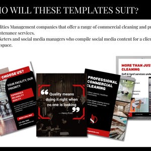 Page outlines who the templates will suit most: facilities management companies, or businesses providing both commercial cleaning and property or building maintenance services. It may also suit marketers or social media managers who compile social media posts for those business types.