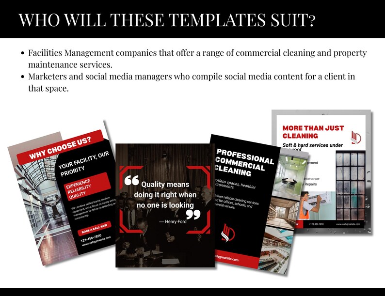 Page outlines who the templates will suit most: facilities management companies, or businesses providing both commercial cleaning and property or building maintenance services. It may also suit marketers or social media managers who compile social media posts for those business types.