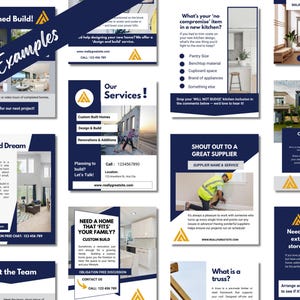 Examples of builder social media templates in a blue and gray color scheme.
