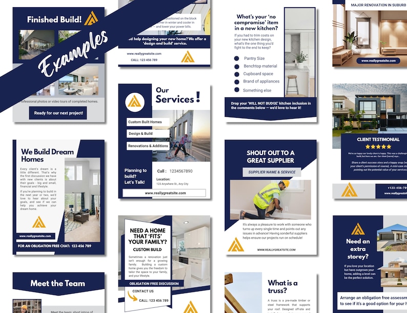 Examples of builder social media templates in a blue and gray color scheme.