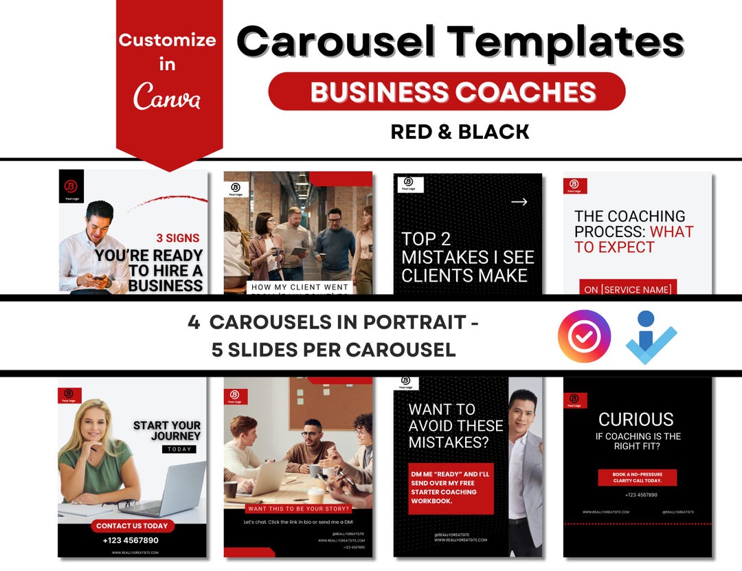 Social Media Carousels for Business Coaches in Red & Black – 4 Canva ...
