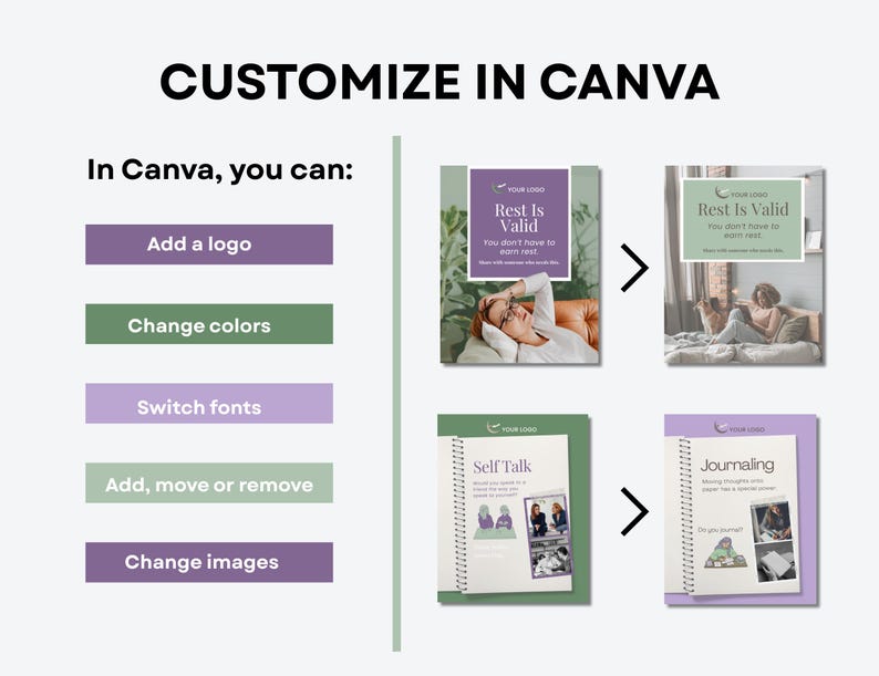 Pode incluir: Imagem mostrando "CUSTOMIZE IN CANVA" com op&ccedil;&otilde;es para adicionar um logotipo, alterar cores, alterar fontes, adicionar/mover/remover e alterar imagens. Exemplos de modelos s&atilde;o mostrados, incluindo "Rest Is Valid" e "Self Talk".