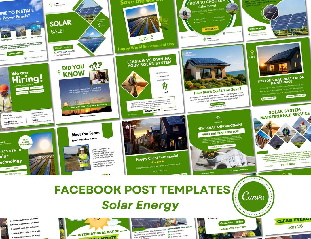 Social Media Posts Solar Energy | 20 Canva Editable Templates in Green ...