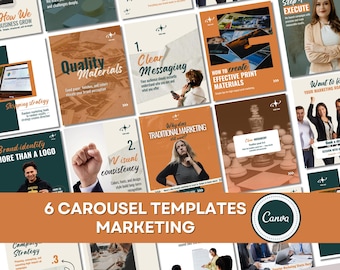 May include: A collection of six marketing carousel templates with orange and teal backgrounds. The templates feature text such as "Quality Materials" and "Clear Messaging." The Canva logo is visible in the bottom right corner. The overall theme is marketing and business.