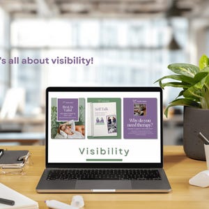 A promotional image for a set of therapist social media templates. A laptop screen showing three social media graphics with the text "Rest Is Valid", "Self Talk", and "Why do you need therapy?" on a desk. The text "It's all about visibility!" is above the laptop screen.