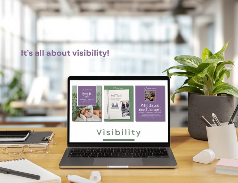 A promotional image for a set of therapist social media templates. A laptop screen showing three social media graphics with the text "Rest Is Valid", "Self Talk", and "Why do you need therapy?" on a desk. The text "It's all about visibility!" is above the laptop screen.
