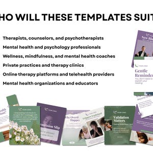Graphic is titled 'who will these templates suit?' and there's a bullet point list of wellness professionals: therapists, counselors, psychotherapists, psychologists, minfulness, wellness, mental health coaches, therapy clinics, online therapy platforms and mental health organisations and educators. Examples of social media post templates with mental health themes are displayed.
