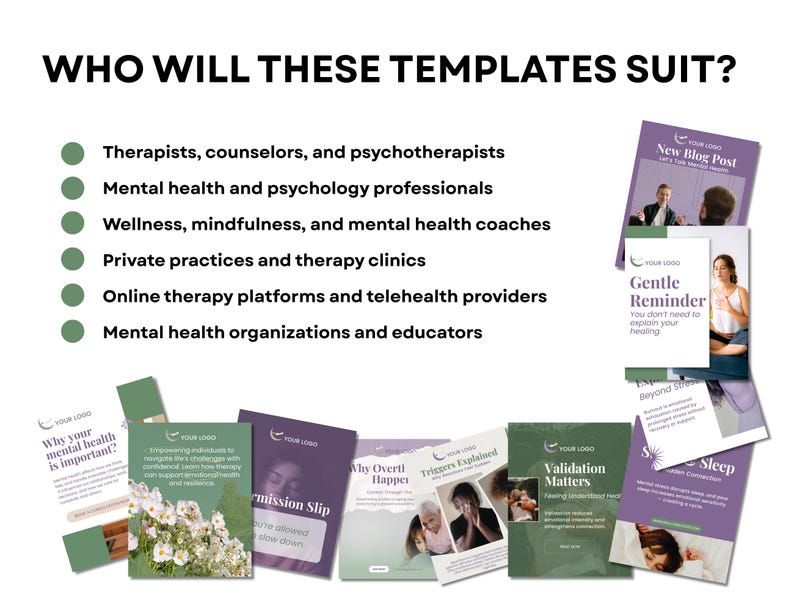 Graphic is titled 'who will these templates suit?' and there's a bullet point list of wellness professionals: therapists, counselors, psychotherapists, psychologists, minfulness, wellness, mental health coaches, therapy clinics, online therapy platforms and mental health organisations and educators. Examples of social media post templates with mental health themes are displayed.