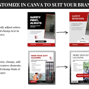 This is a visual example of customization in Canva. Displayed on the page are two post templates from the pack, and next to those, customized versions of those posts that show changes made to the color, text, font, images and elements.